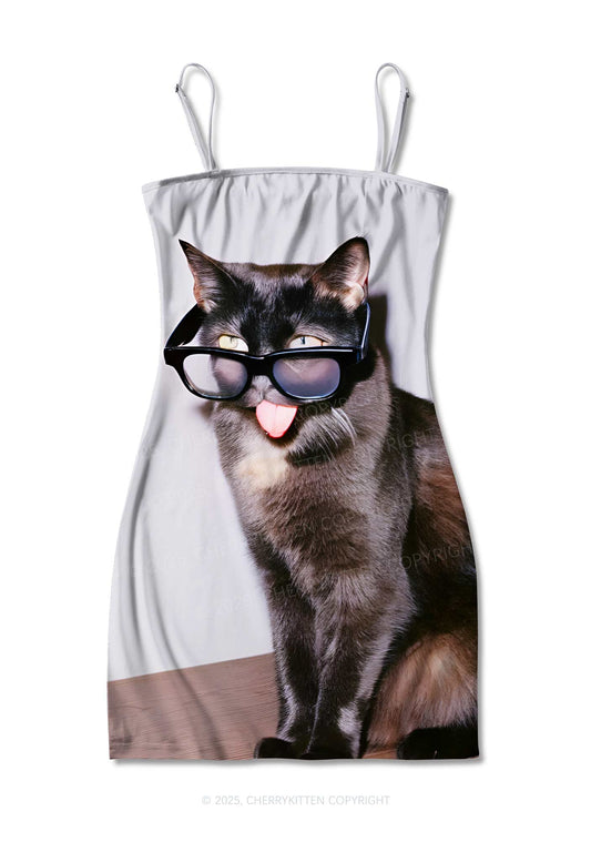 Glasses Cat Y2K Print Slip Dress Cherrykitten