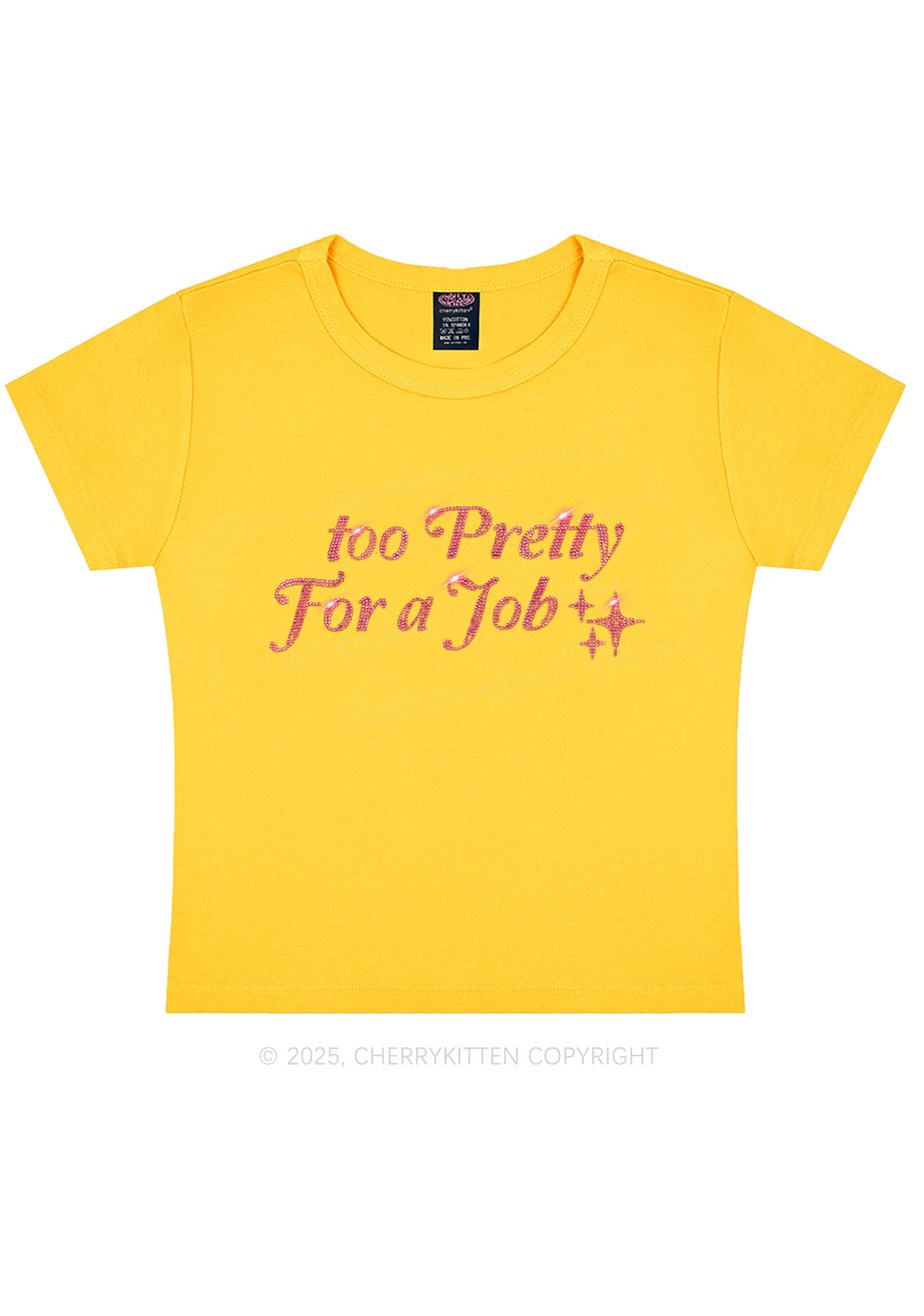 Rhinestone Too Pretty For Job Y2K Baby Tee Cherrykitten