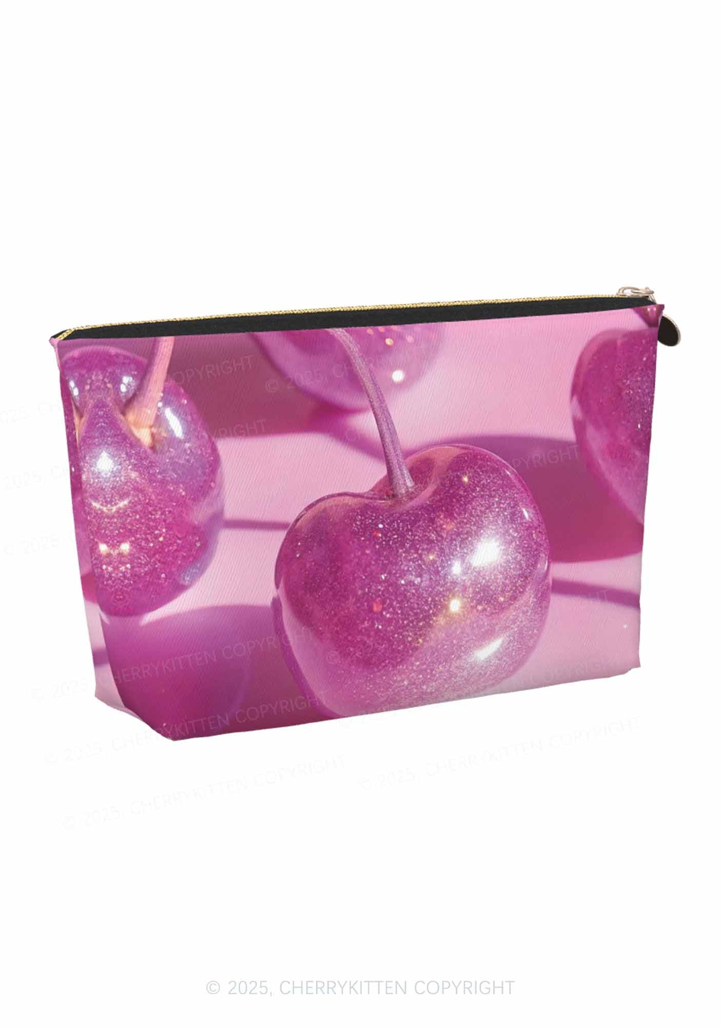 Glitter Pink Cherry Y2K Leather Makeup Bag Cherrykitten