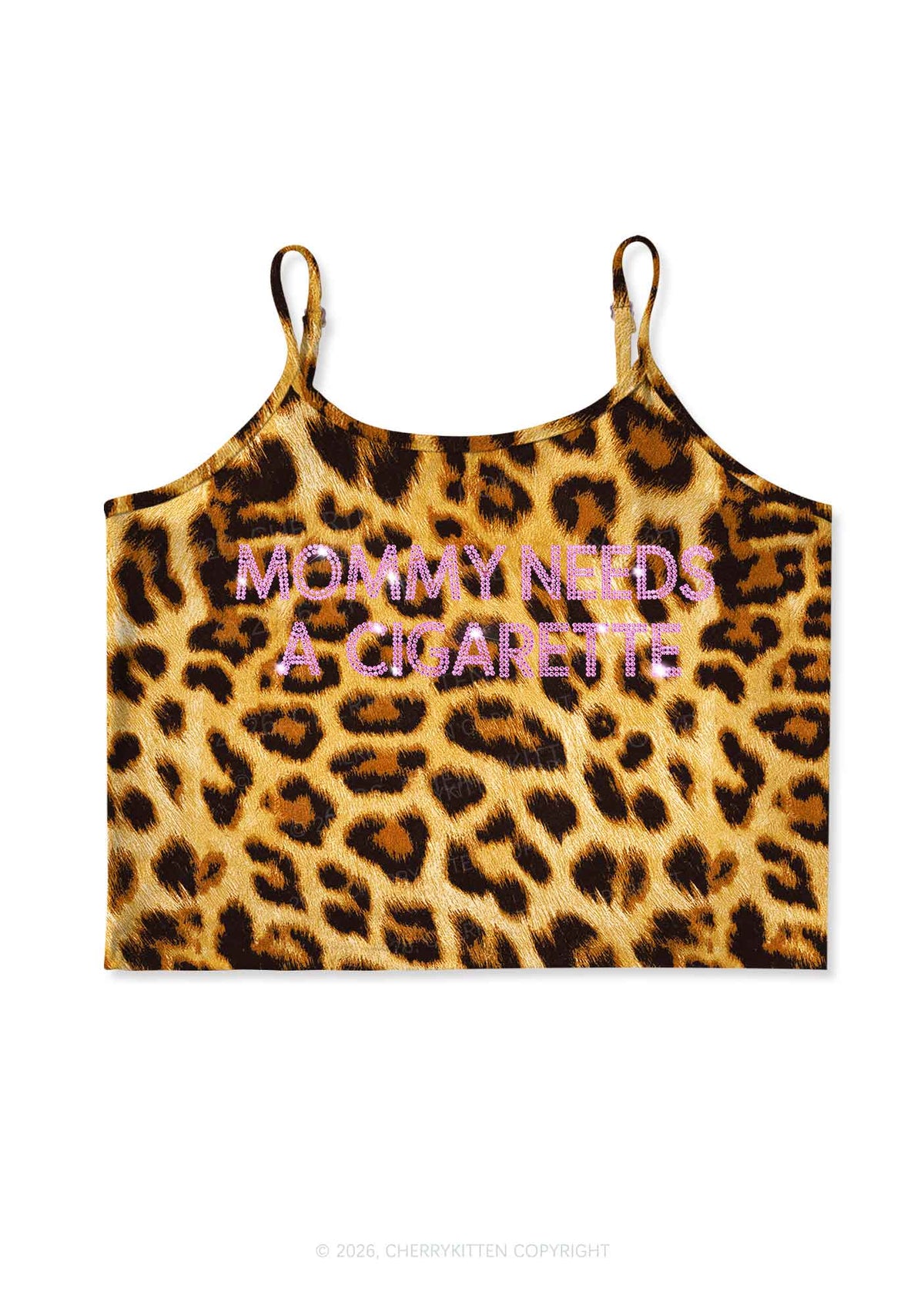 Rhinestone Mommy Needs Cigarette Y2K Brown Leopard Print Cami Crop Top Cherrykitten