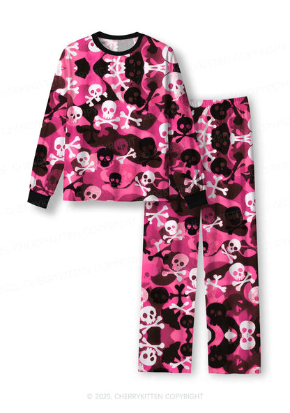 Halloween Pink Camouflage Skull Y2K Print Long Sleeve Pajama Set Cherrykitten