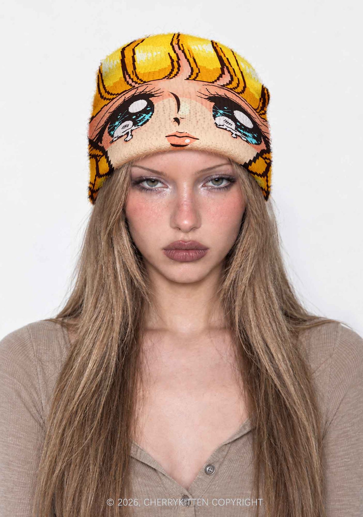 Anime Crying Girl Y2K Print Knit Beanie Cherrykitten