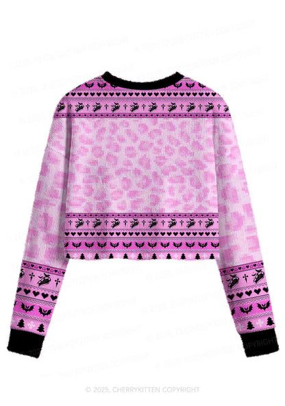 Pink Custom Face Y2K Christmas Crop Knit Sweatshirt Cherrykitten