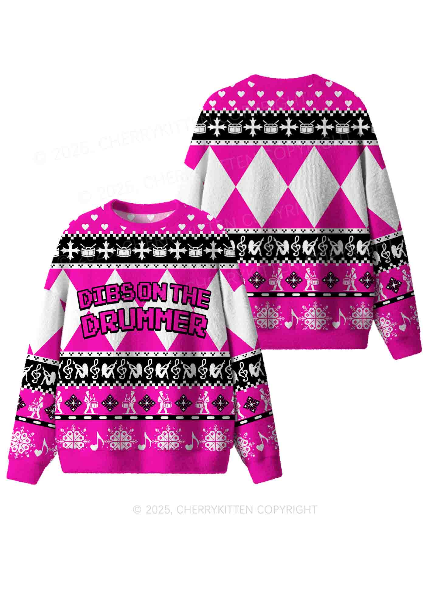 Hot Pink Dibs On The Drummer Y2K Christmas Knit Sweatshirt Cherrykitten