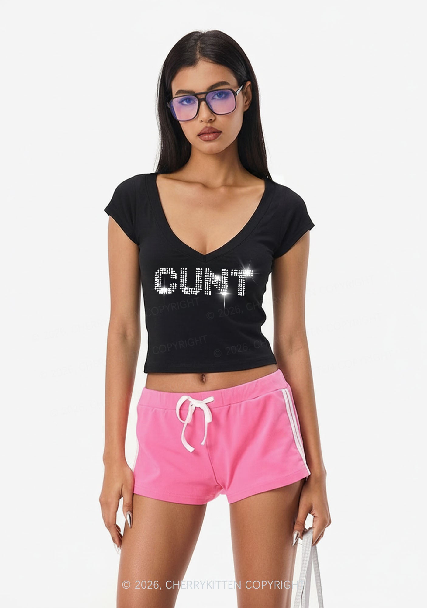 Rhinestone Cxxt Y2K V Neck T Shirts Cherrykitten