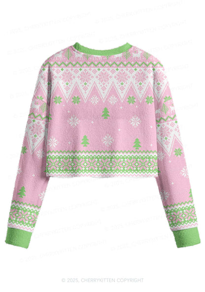 Pink Santa Y2K Christmas Crop Knit Sweatshirt Cherrykitten