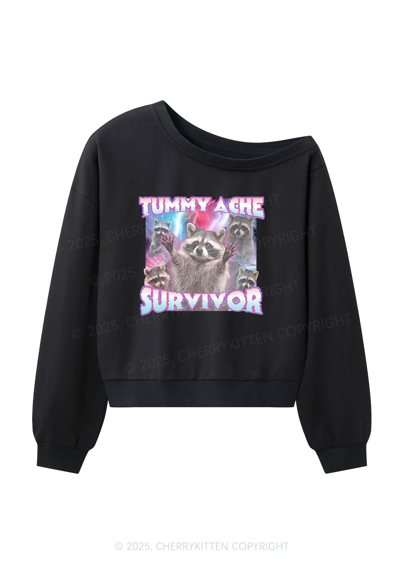 Tummy Ache Survivor Raccoon Y2K Off Shoulder Sweatshirts Cherrykitten