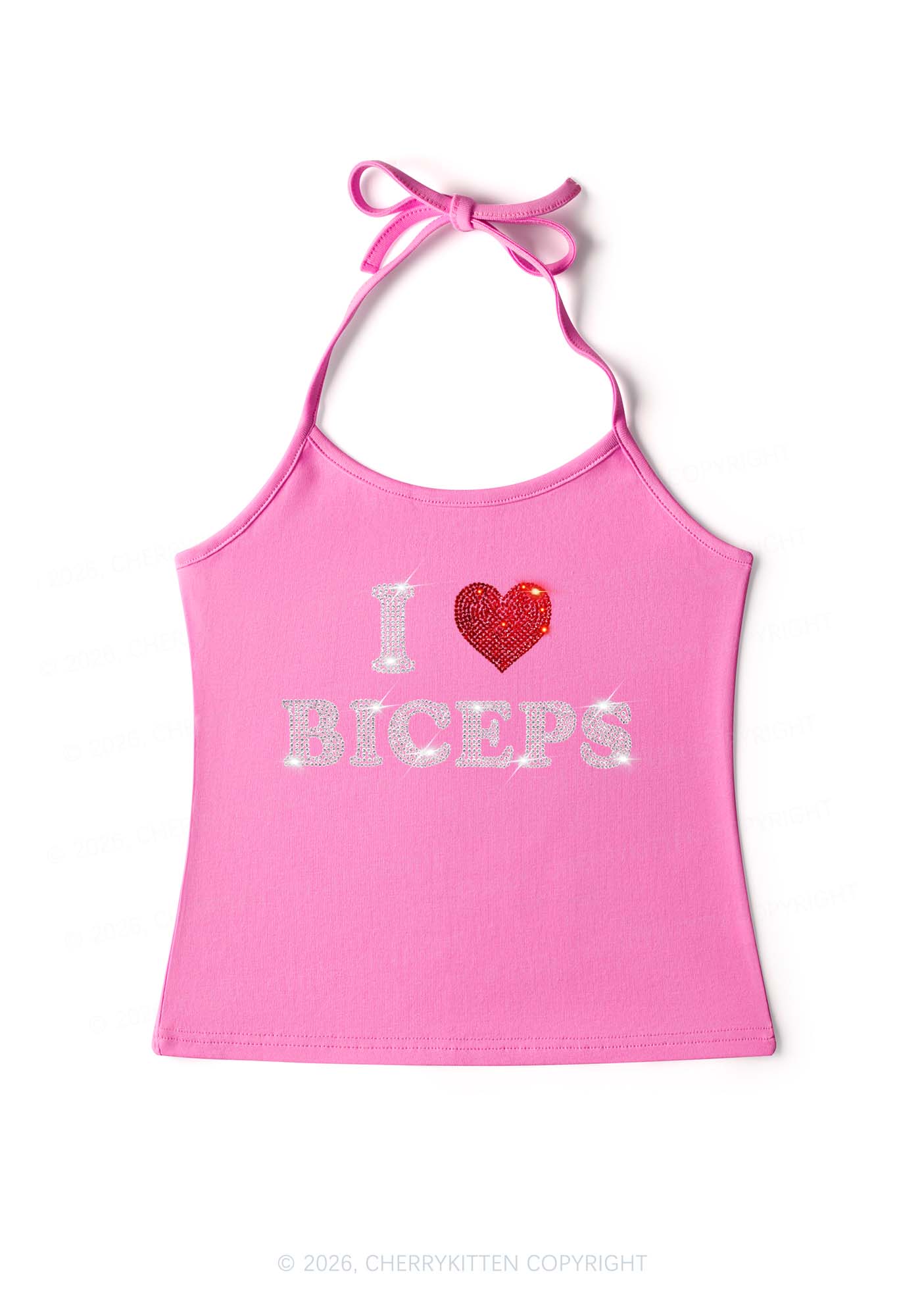 Rhinestone I Love Biceps Y2K Halter Neck Cami Cherrykitten