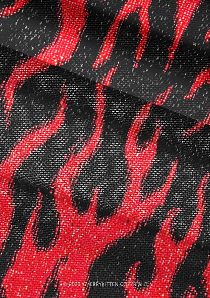 Red Flame Y2K Mesh Ruched  Waist  V Neck Top Cherrykitten