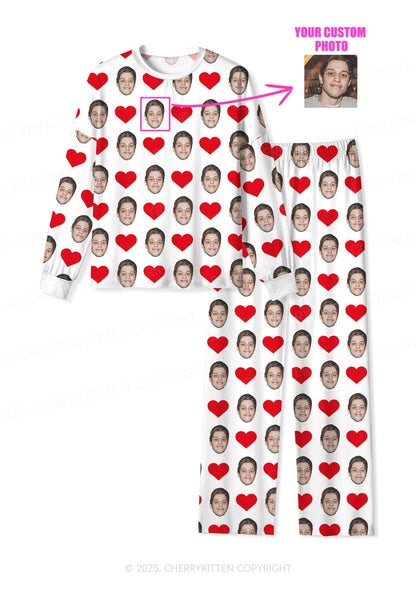 Custom White Hearts Photo Y2K Valentine's Day Y2K Print Long Sleeve Pajama Set Cherrykitten