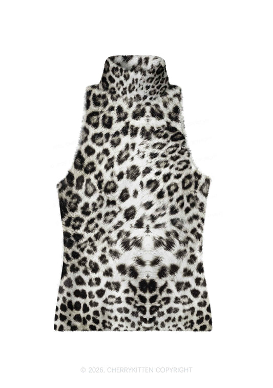 Snow Leopard Y2K Knit Turtleneck Tank Top Cherrykitten