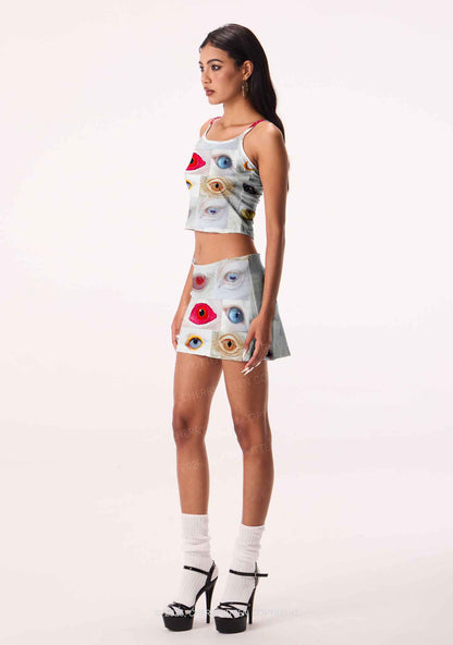 Multi Animal Eyes Collage Y2K Print Mini Skirt Cherrykitten
