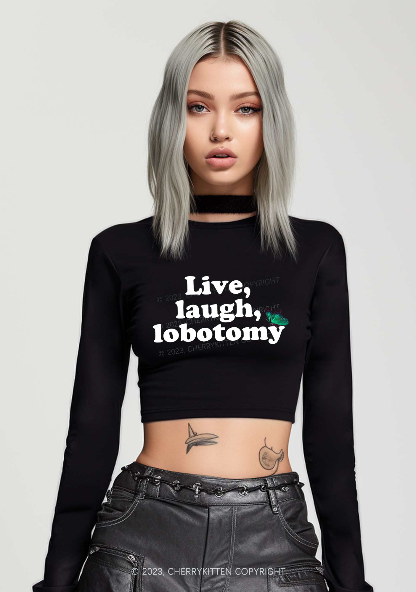 Live Laugh Lobotomy Long Sleeve Crop Top Cherrykitten