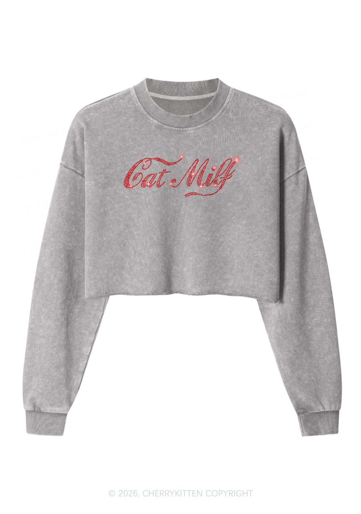 Rhinestone Cat Mxxf Y2K Crop Washed Sweatshirts Cherrykitten