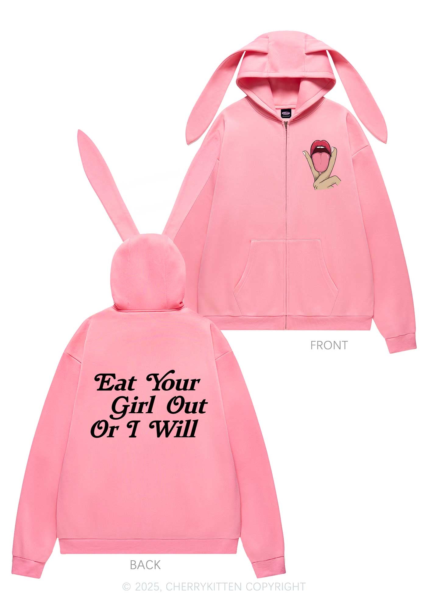 Eat Your Girl Out Pride Y2K Bunny Ear Zip Hoodie Cherrykitten