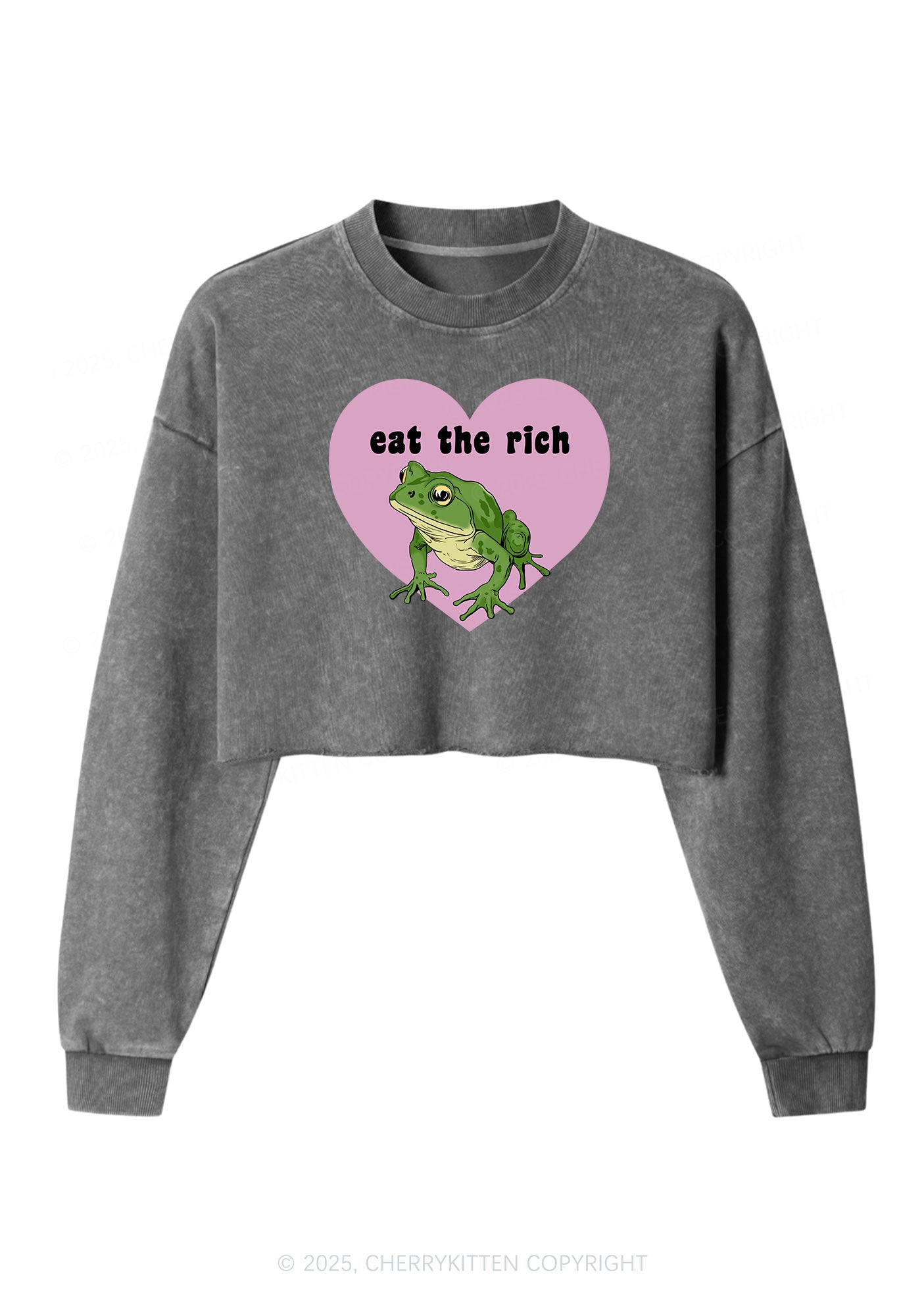 Eat The Rich Frog Y2K Crop Washed Sweatshirts Cherrykitten