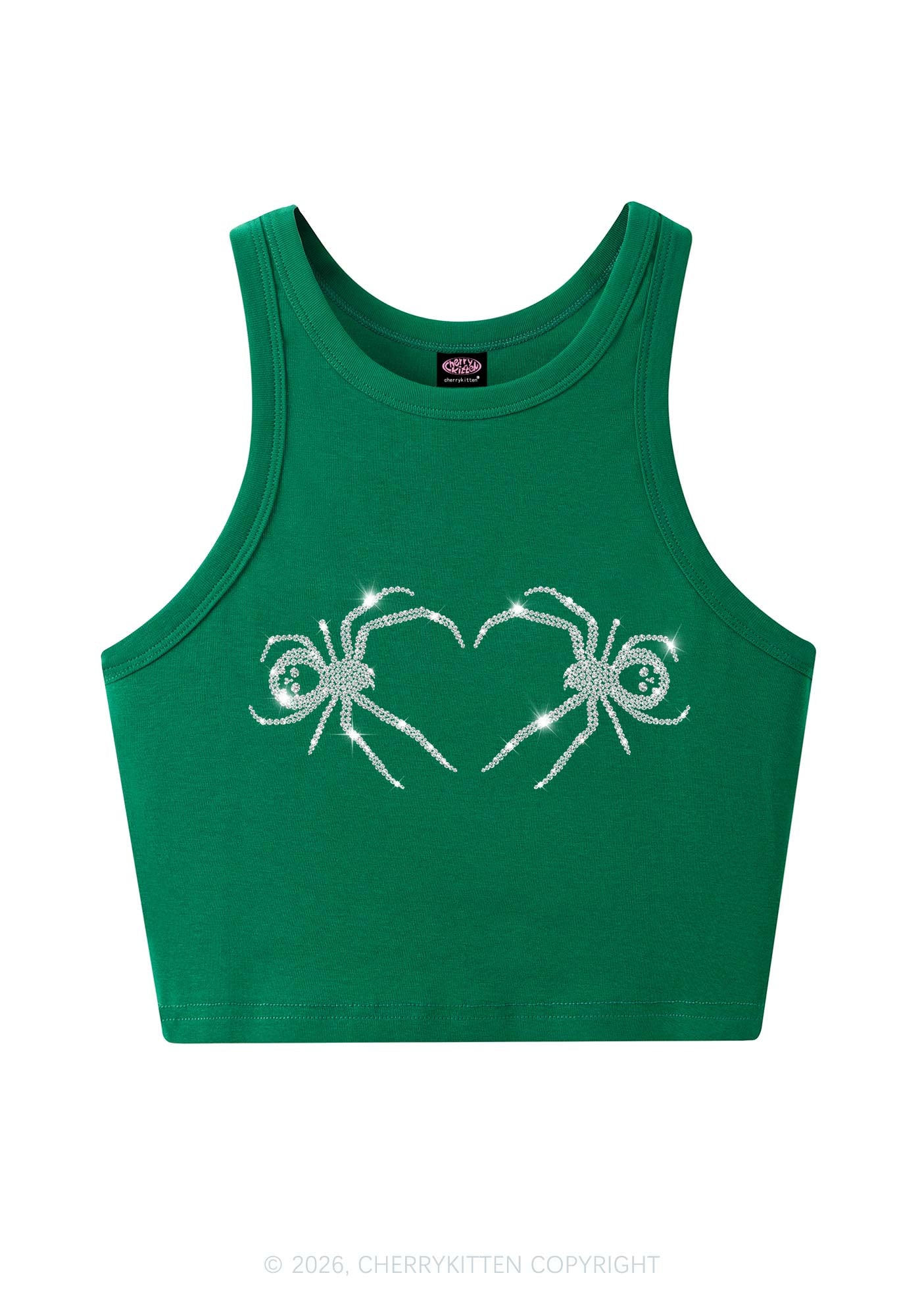 Rhinestone Skull Spider Y2K Crop Tank Top Cherrykitten