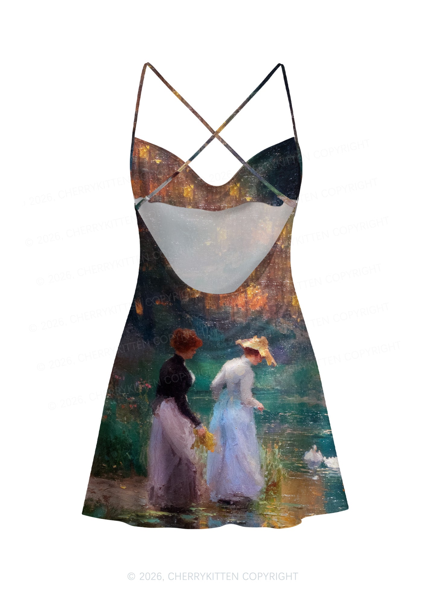 Sunset Pond Swans Pride Y2K Print Satin Cowl Neck Slip Dress Cherrykitten