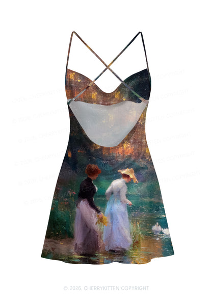 Sunset Pond Swans Pride Y2K Print Satin Cowl Neck Slip Dress Cherrykitten