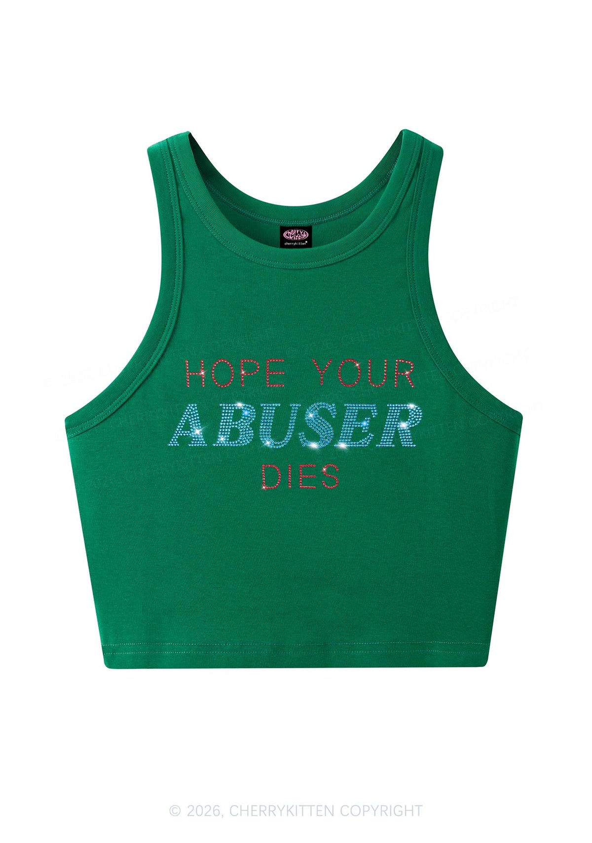 Rhinestone Hope Your Abuser Dies Y2K Crop Tank Top Cherrykitten