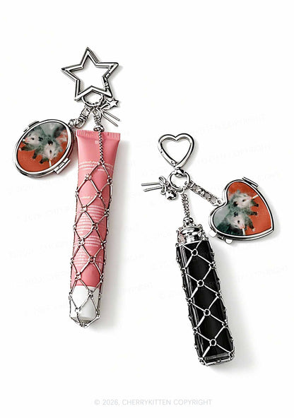Smoking Badass Possum 1pc Y2K Metal Mesh Lipstick Holder Keychain With Mirror Cherrykitten