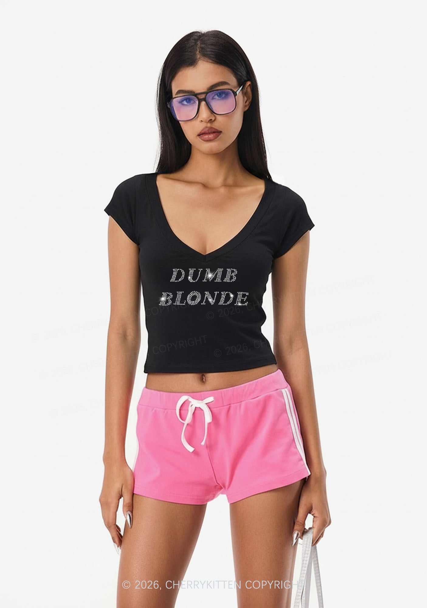 Rhinestone Dumb Blonde Y2K V Neck T Shirts Cherrykitten