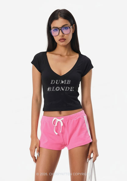 Rhinestone Dumb Blonde Y2K V Neck T Shirts Cherrykitten