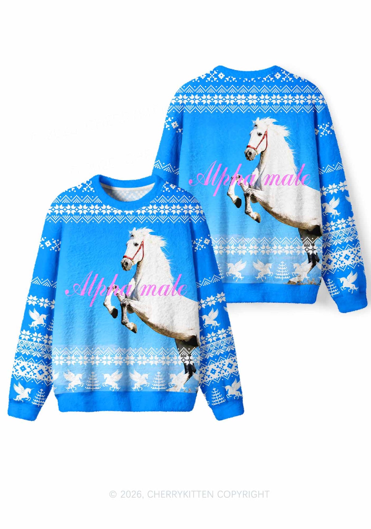 Blue Sky Alpha Male Horse Y2K Knit Sweatshirt Cherrykitten