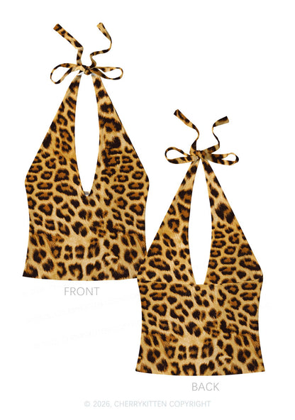 Brown Leopard Y2K Print Halter Deep V Neck Cami Cherrykitten