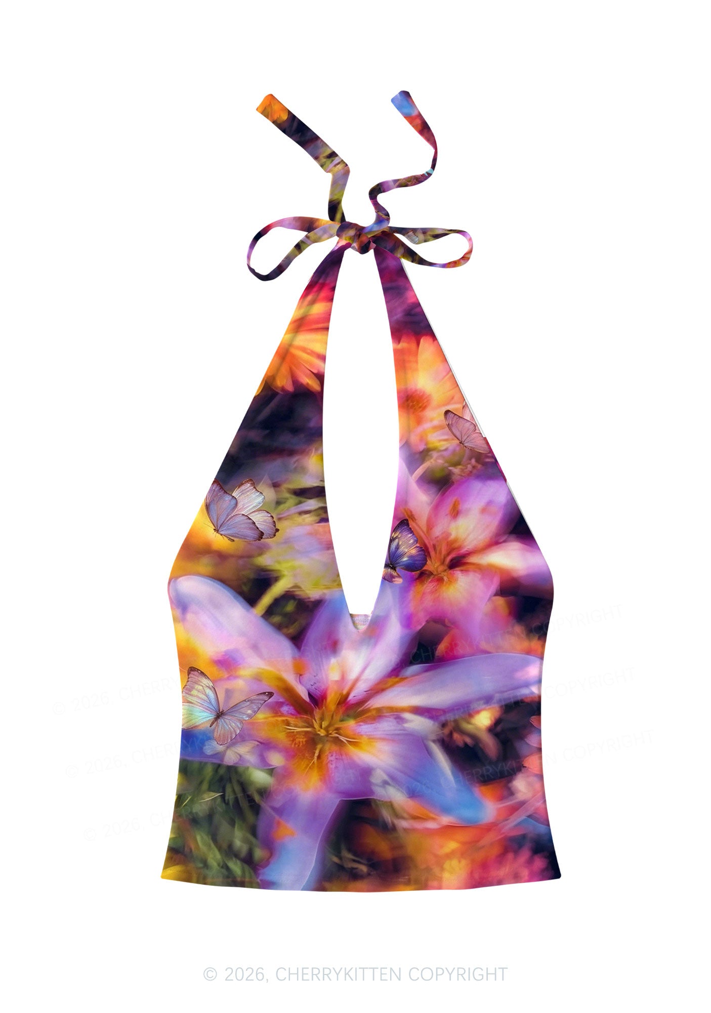 Purple Floral Butterfly Y2K Print Halter Deep V Neck Cami Cherrykitten