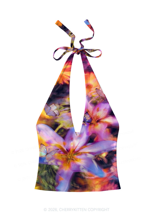 Purple Floral Butterfly Y2K Print Halter Deep V Neck Cami Cherrykitten