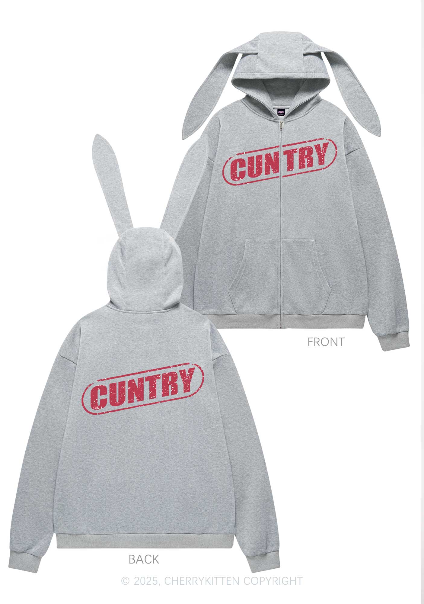 Cuntry Y2K Bunny Ear Zip Hoodie Cherrykitten