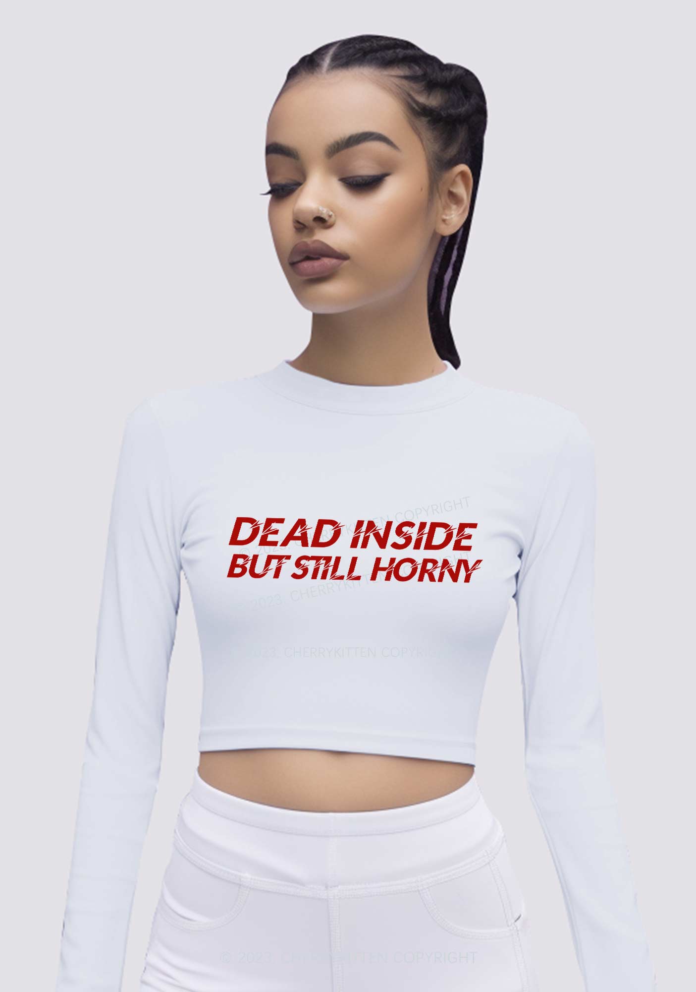 Dead Inside But Still Thirsty Long Sleeve Crop Top Cherrykitten