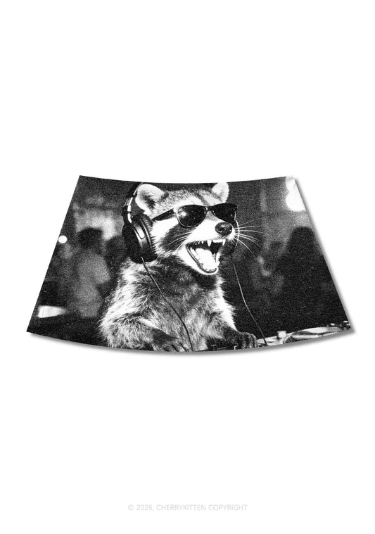 DJ Raccoon Turntable Y2K Print Mini Skirt Cherrykitten
