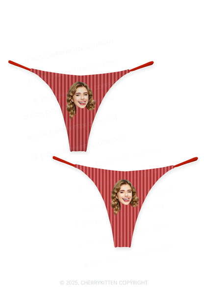 Custom Face Red Stripes Valentine's Day Y2K Print Couples Thong Set Cherrykitten