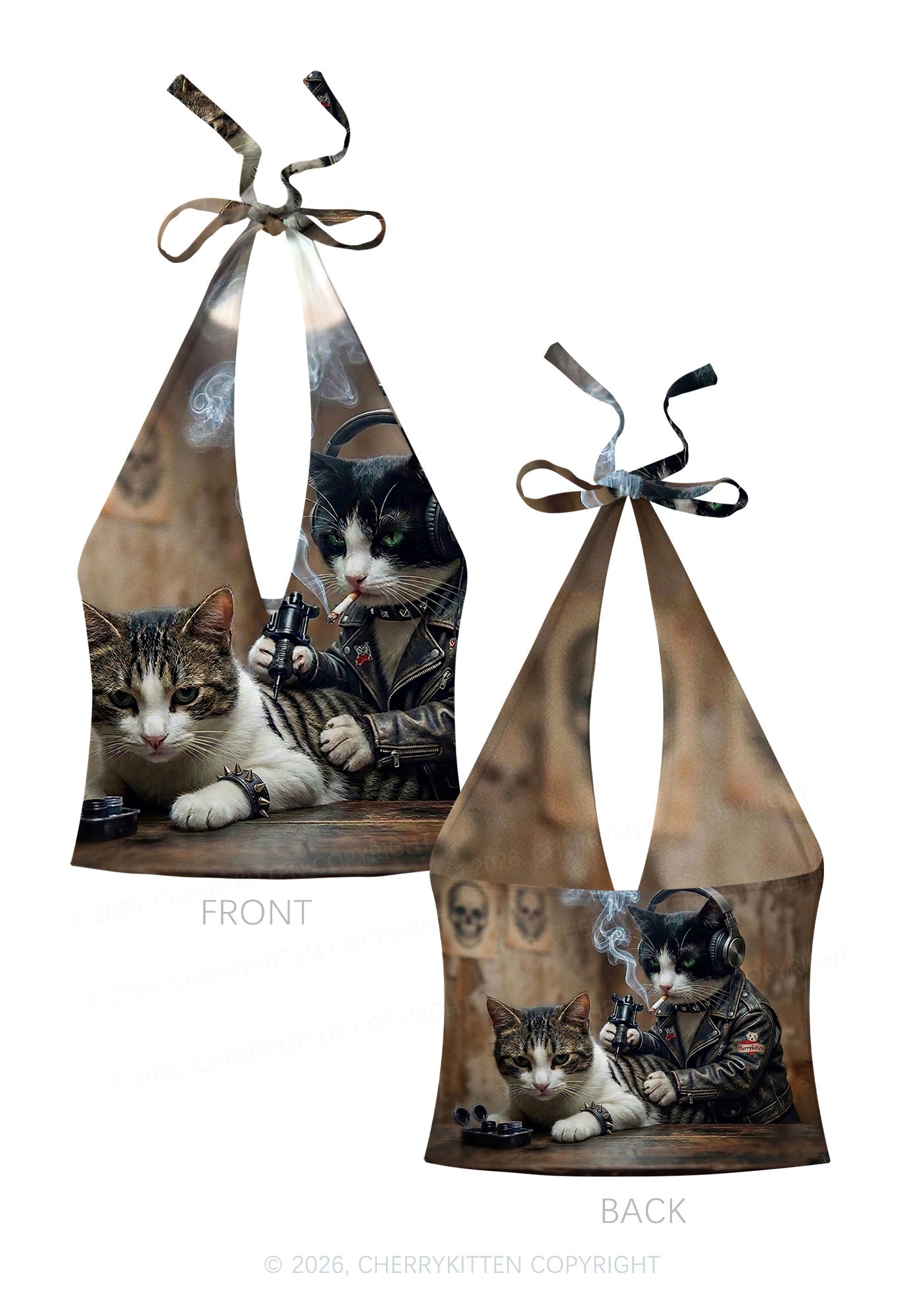 Smoking Cats Tattoo Scene Y2K Print Halter Deep V Neck Cami Cherrykitten