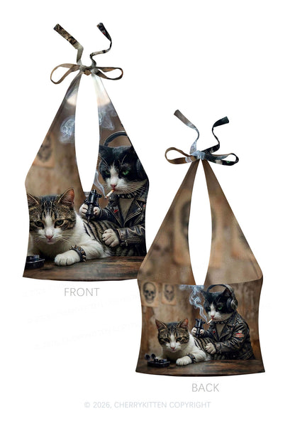 Smoking Cats Tattoo Scene Y2K Print Halter Deep V Neck Cami Cherrykitten
