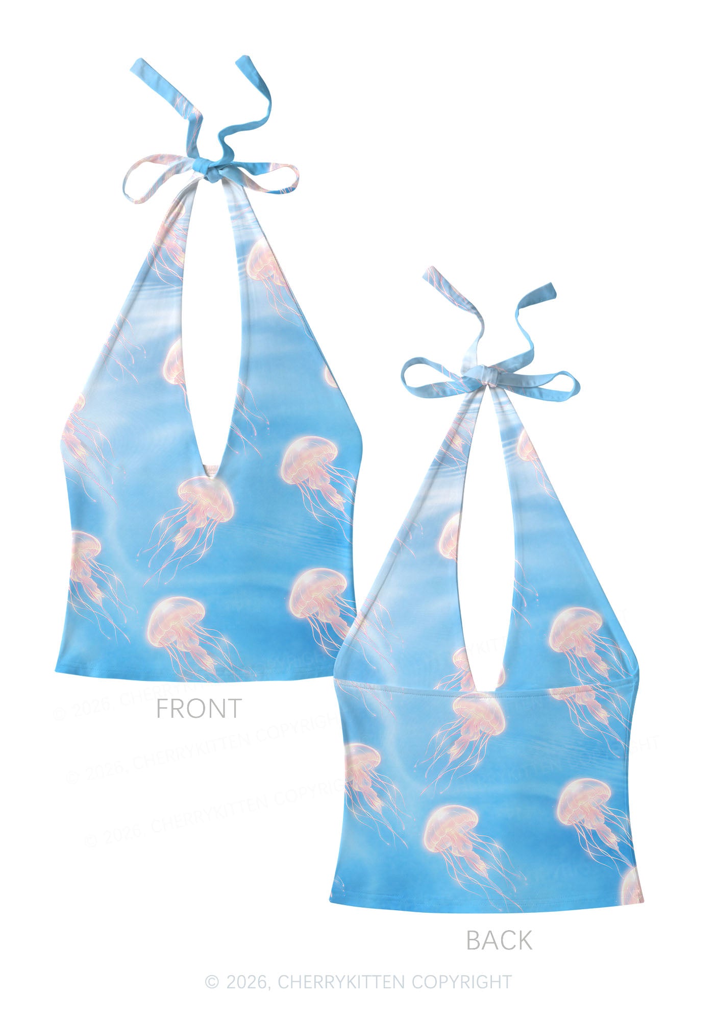 Pink Jellyfish Underwater Y2K Print Halter Deep V Neck Cami Cherrykitten
