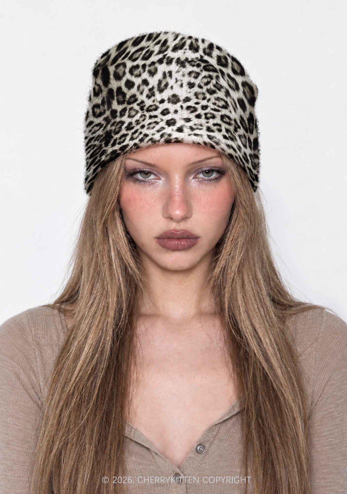 Snow Leopard Y2K Print Knit Beanie Cherrykitten