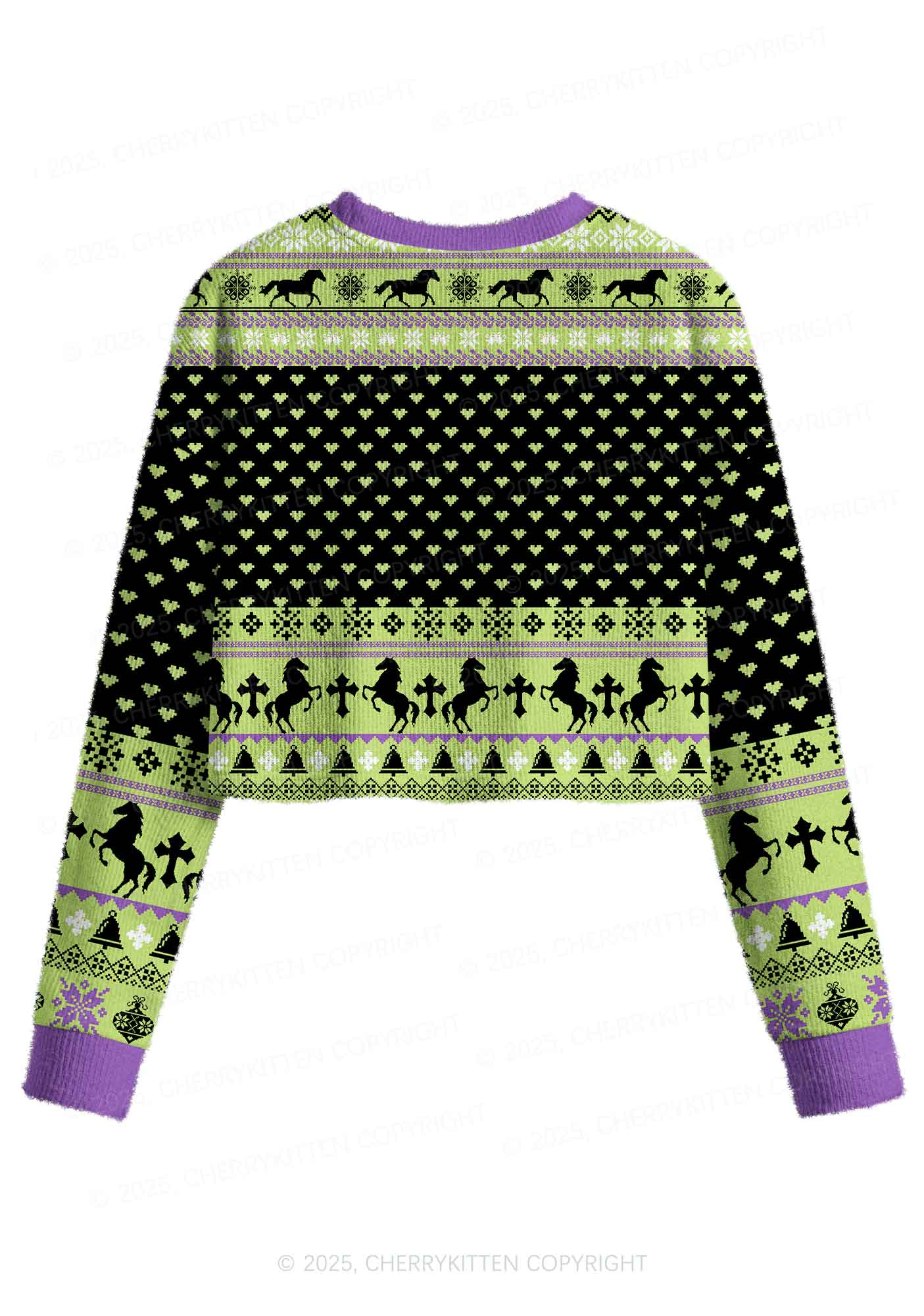 Green K Pony Y2K Christmas Crop Knit Sweatshirt Cherrykitten