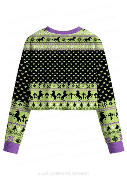 Green K Pony Y2K Christmas Crop Knit Sweatshirt Cherrykitten