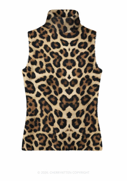 Brown Leopard Y2K Knit Turtleneck Tank Top Cherrykitten