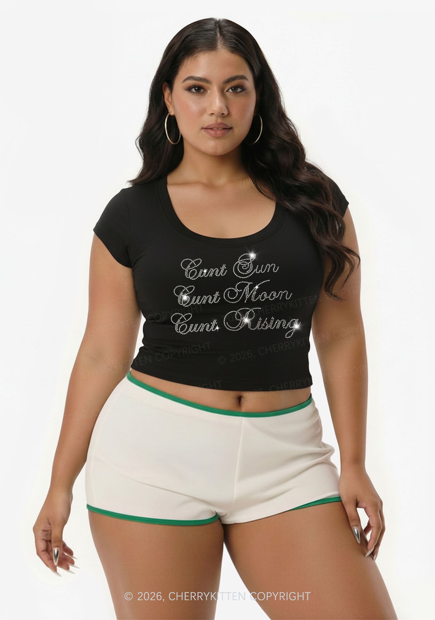 Rhinestone Sun Moon Rising Y2K V Neck T Shirts Cherrykitten