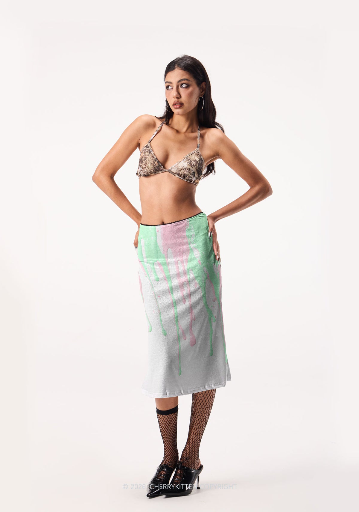 Pink Mint Green Dripping Liquid Y2K Print Midi Skirt Cherrykitten