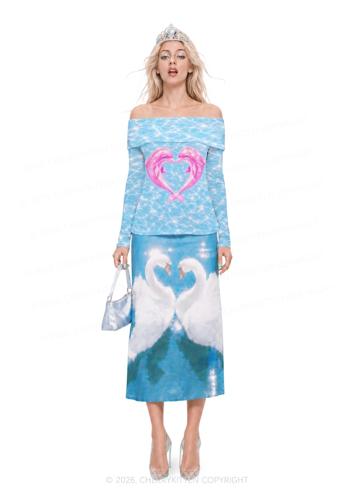 Pink Dolphin Couple Heart Y2K Off Shoulder Fold Over Knit Top Cherrykitten