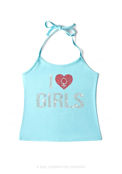 Rhinestone I Love Girls Pride Y2K Halter Neck Cami Cherrykitten