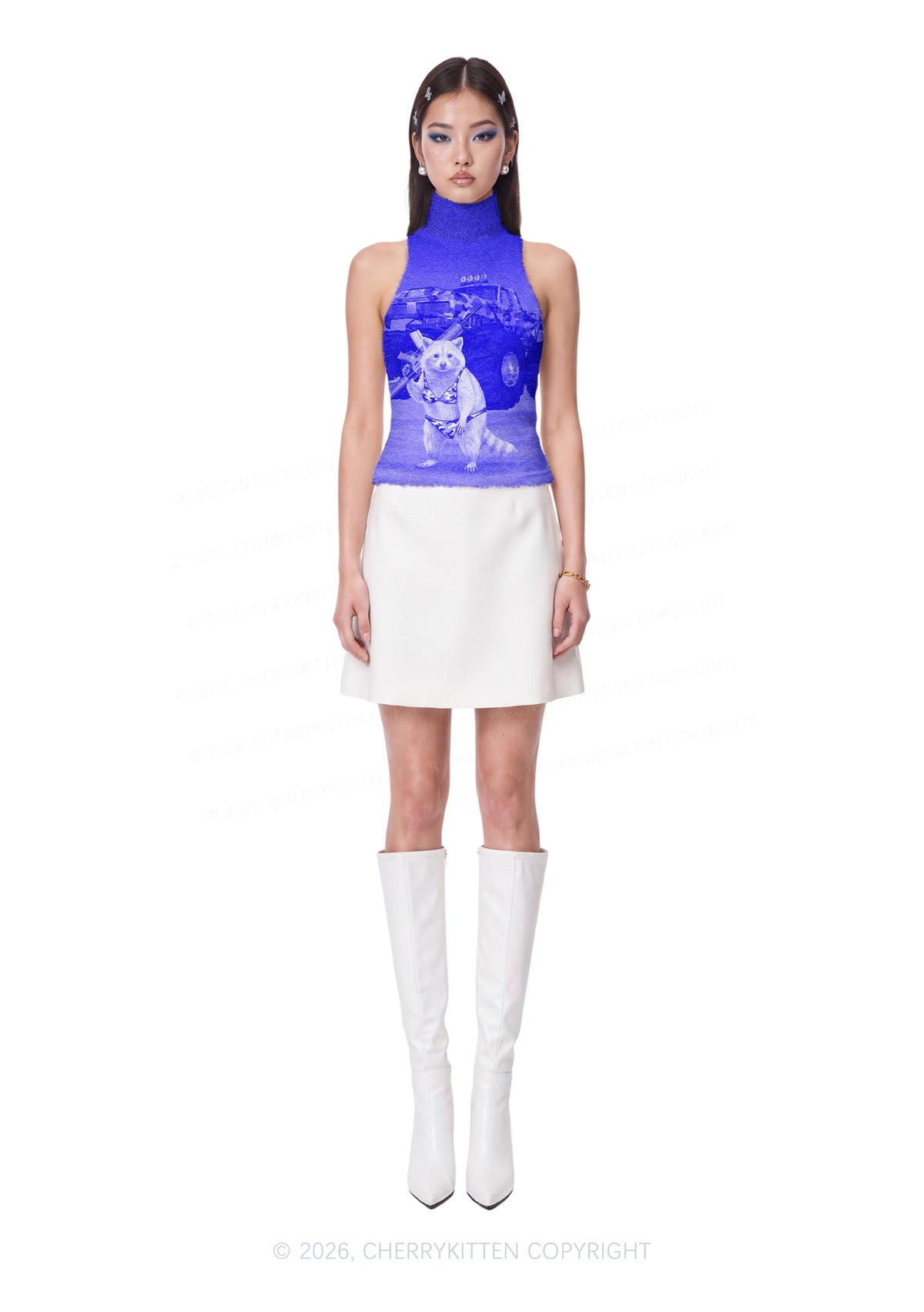 Blue Camouflage Bikini Raccoon Y2K Knit Turtleneck Tank Top Cherrykitten