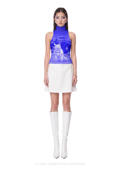 Blue Camouflage Bikini Raccoon Y2K Knit Turtleneck Tank Top Cherrykitten