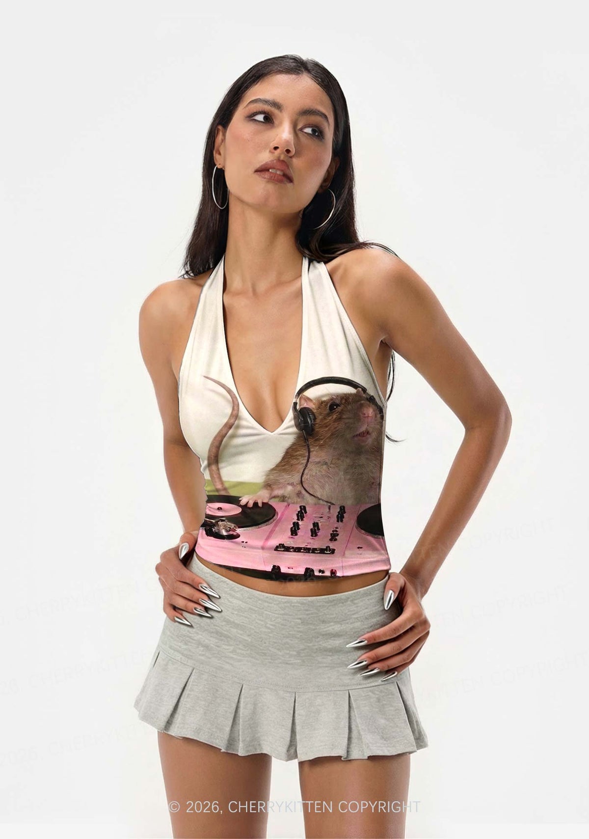 Dj Rat Pink Turntable Y2K Print Halter Deep V Neck Cami Cherrykitten