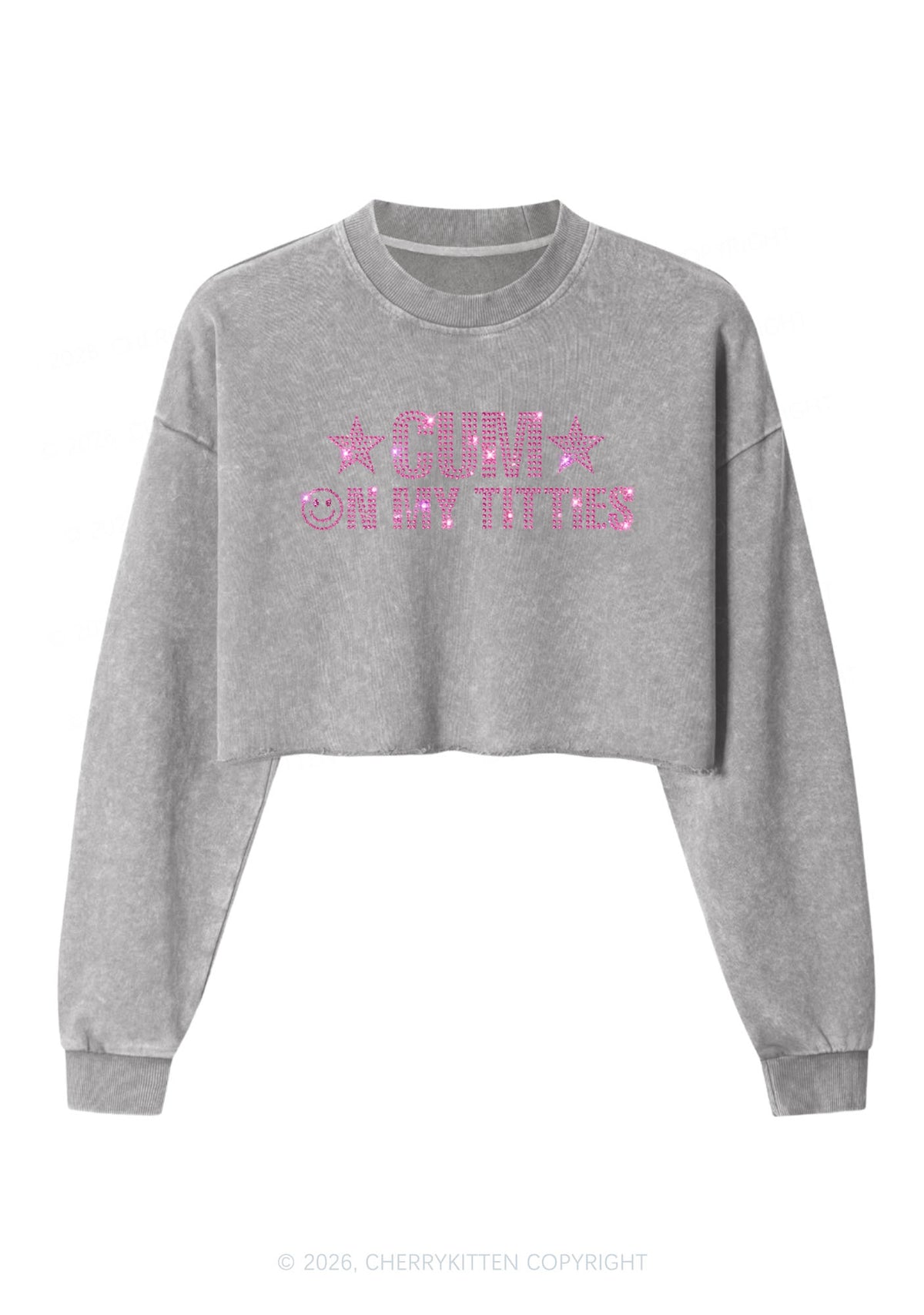 Rhinestone Cxm On My Txtties Y2K Crop Washed Sweatshirts Cherrykitten